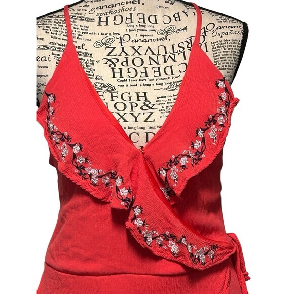 Miami Red Hot Racerback Embroidery Ruffle Faux Wrap Fit And Flare Halter Dress L - Picture 4 of 8